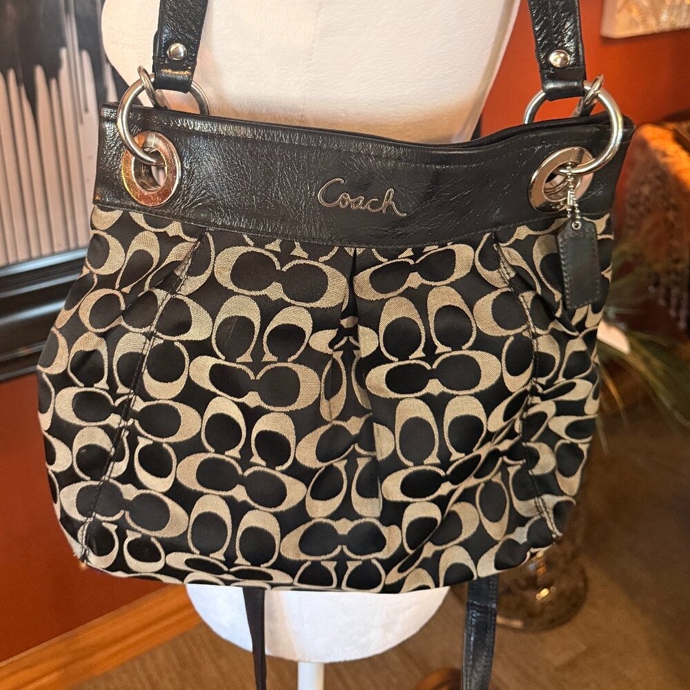 Coach Signature Canvas Crossbody Shoulder Bag Black Leather Trim